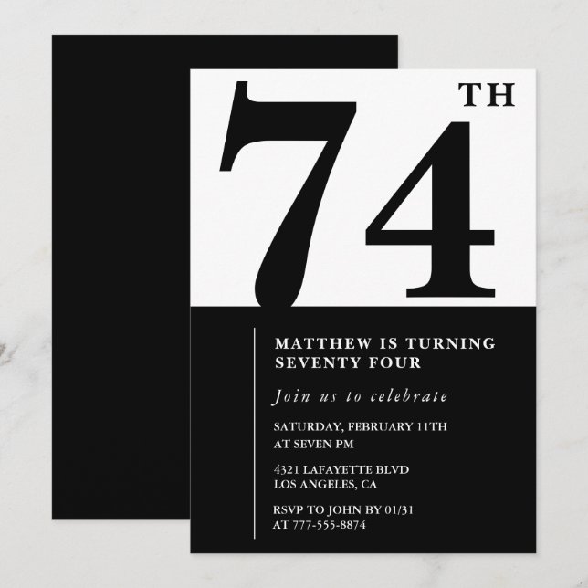 Invitation chic noir et blanc pour 74e anniversair (Devant / Derrière)