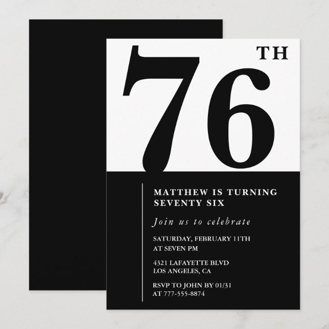 Invitation chic noir et blanc pour 76e anniversair (Devant / Derrière)