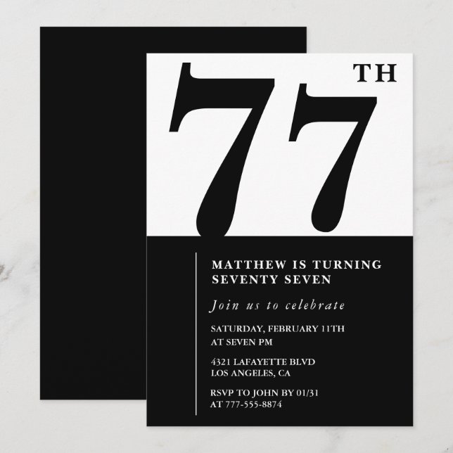 Invitation chic noir et blanc pour 77e anniversair (Devant / Derrière)