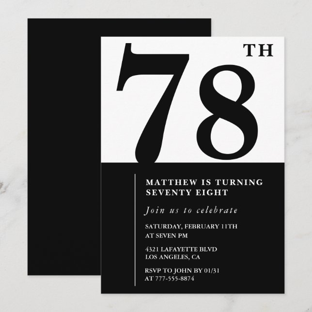 Invitation chic noir et blanc pour 78ème anniversa (Devant / Derrière)