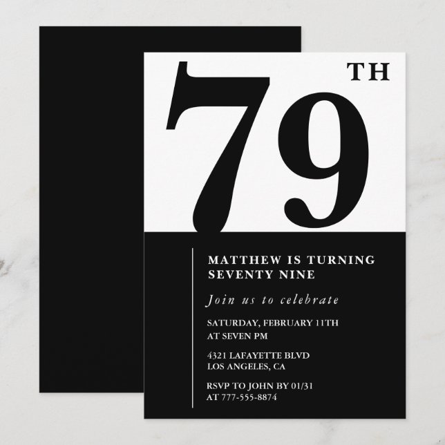 Invitation chic noir et blanc pour 79e anniversair (Devant / Derrière)