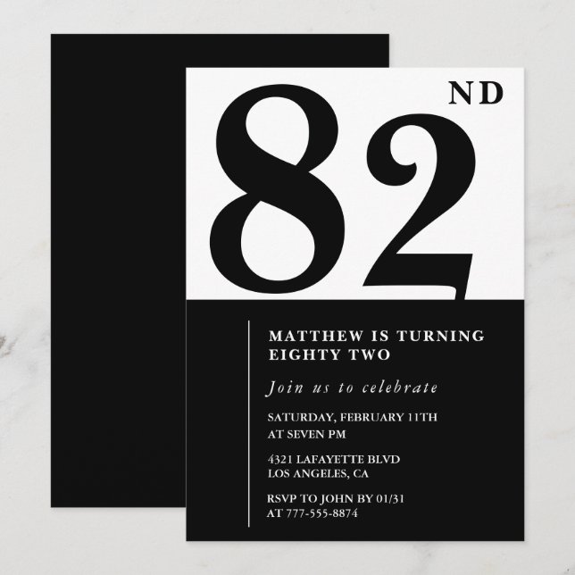 Invitation chic noir et blanc pour 82e anniversair (Devant / Derrière)