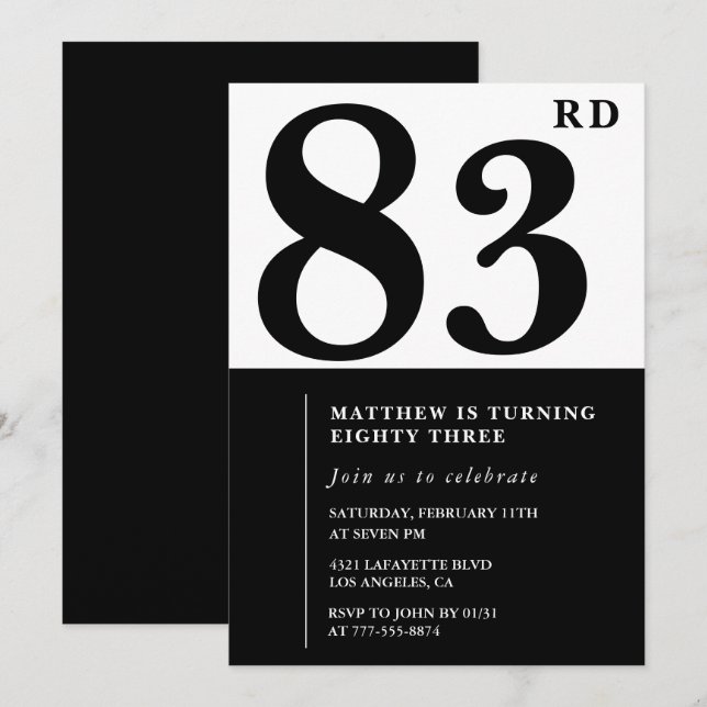 Invitation chic noir et blanc pour 83e anniversair (Devant / Derrière)