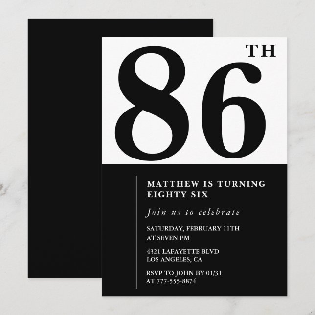 Invitation chic noir et blanc pour 86e anniversair (Devant / Derrière)