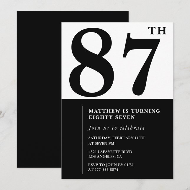 Invitation chic noir et blanc pour 87e anniversair (Devant / Derrière)