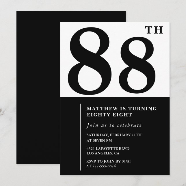 Invitation chic noir et blanc pour 88e anniversair (Devant / Derrière)