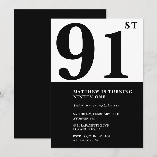 Invitation chic noir et blanc pour 91e anniversair (Devant / Derrière)