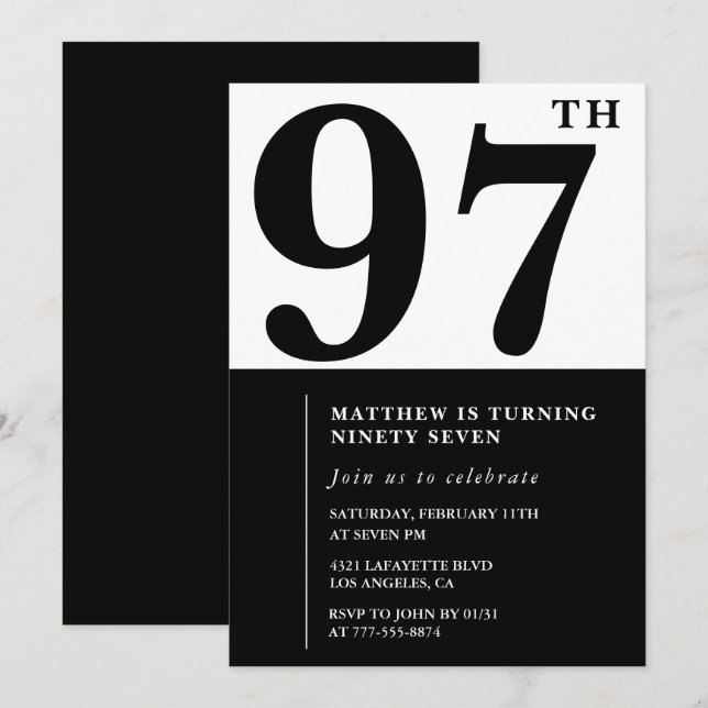 Invitation chic noir et blanc pour 97e anniversair (Devant / Derrière)