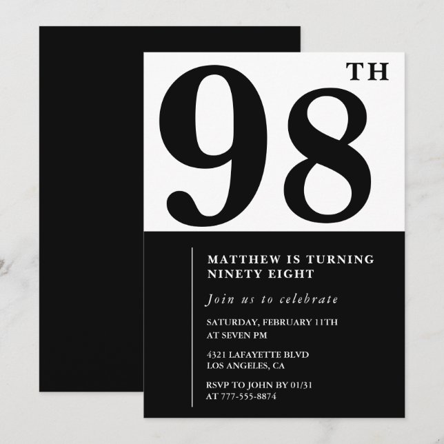 Invitation chic noir et blanc pour 98e anniversair (Devant / Derrière)