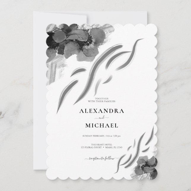 Invitation Chic noir Mariage Fleurs Iris (Devant)