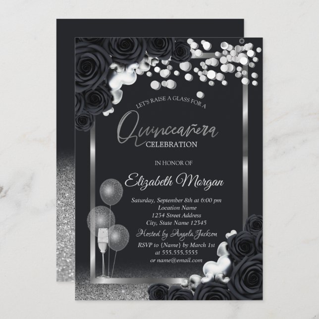 Invitation Chic noir Rose Vin Verre Balloons Quinceañera (Devant / Derrière)
