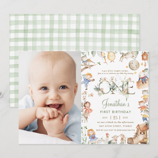 Invitation Chic Nursery Rhyme Green 1er anniversaire Photo (Devant / Derrière)