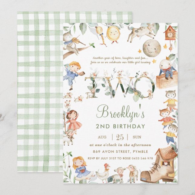 Invitation Chic Nursery Rhyme Green 2e anniversaire Neutral (Devant / Derrière)