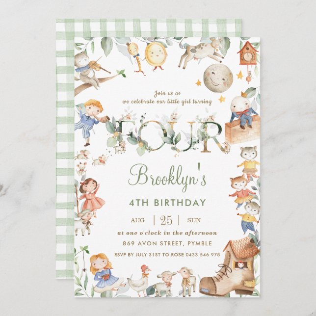Invitation Chic Nursery rime verdure 4e anniversaire Neutre (Devant / Derrière)