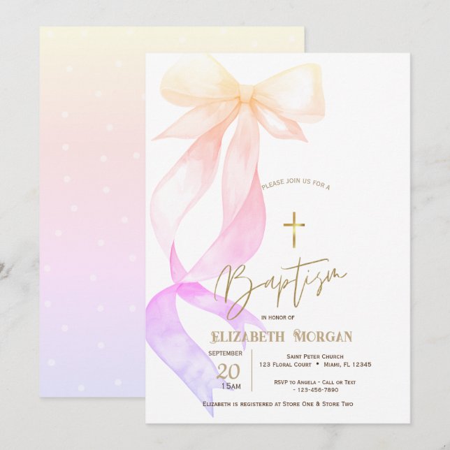 Invitation Chic Ombré Croix Dorée Baptême (Devant / Derrière)