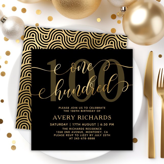 Invitation Chic One Hundred Script Black Gold 100th Birthday (Créateur téléchargé)