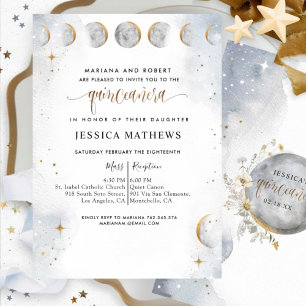 Invitation Chic or, blanc et argent Celestial Quinceañera