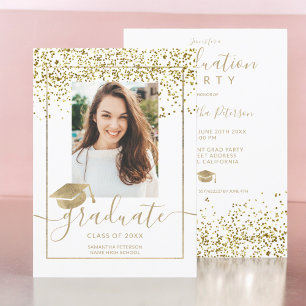 Invitation Chic or confetti blanc typographie graduation