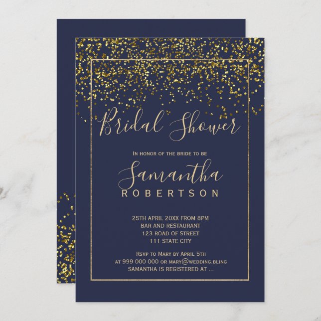 Invitation Chic or confetti marine script bleu douche nuptial (Devant / Derrière)