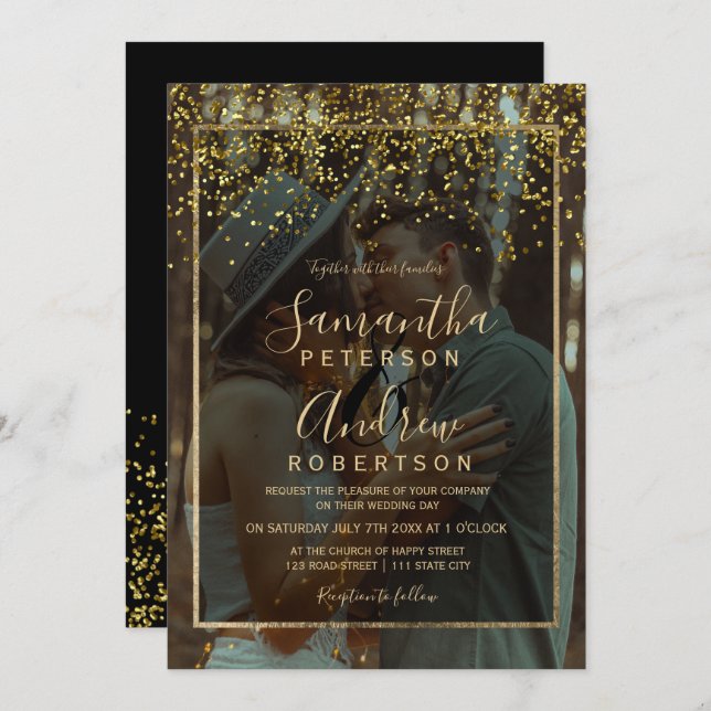 Invitation Chic or confetti typographie photo mariage (Devant / Derrière)