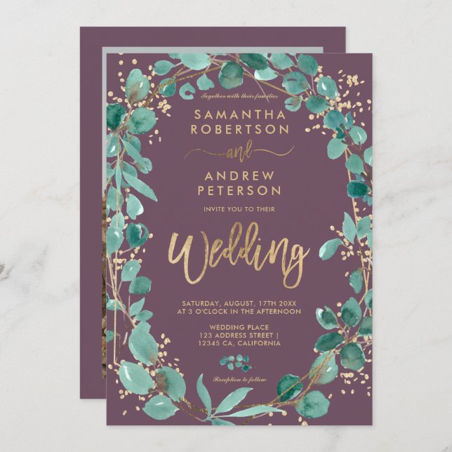 Invitation Chic or eucalyptus violet script photo mariage (Devant / Derrière)