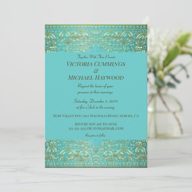 Invitation Chic or Gold Paisley et Aqua Blue (Debout devant)
