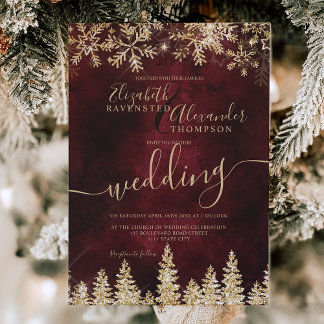 Invitation Chic or neige pin rouge Noël mariage d'hiver