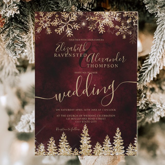 Invitation Chic or neige pin rouge Noël mariage d'hiver (Chic gold snow pine red Christmas winter wedding Invitation)