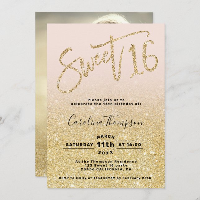 Invitation Chic or parties scintillant chic script blush Swee (Devant / Derrière)