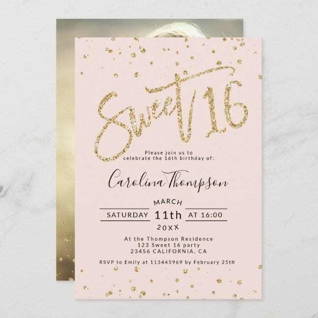 Invitation Chic or parties scintillant confetti blush Sweet 1 (Devant / Derrière)