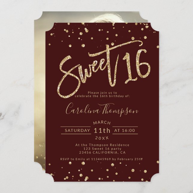 Invitation Chic or parties scintillant confetti burgundy Swee (Devant / Derrière)