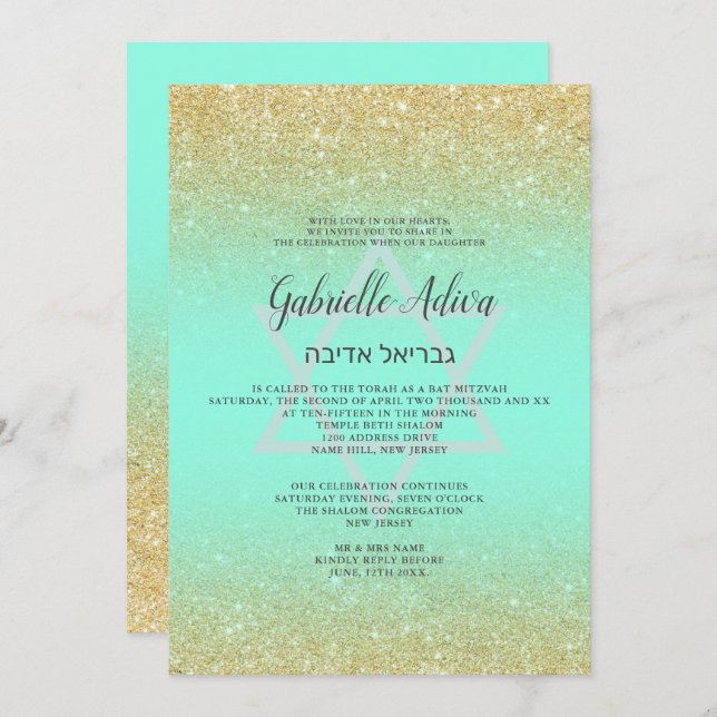 Invitation Chic or parties scintillant menthe turquoise scrip (Devant / Derrière)