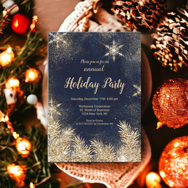 Invitation Chic or parties scintillant neige Noël entreprise  (Chic gold glitter snow Christmas corporate holiday Invitation)