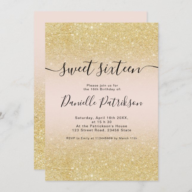 Invitation Chic or parties scintillant scintille rose ombre d (Devant / Derrière)