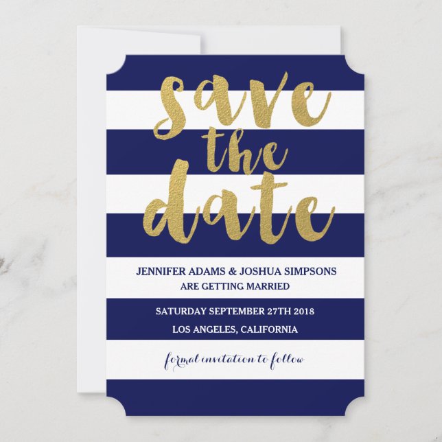 Invitation Chic Or | Rayure Bleue Gras Économisez la Date (Devant)