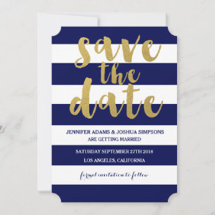 Invitation Chic Or Rayure Bleue Gras Économisez la Date