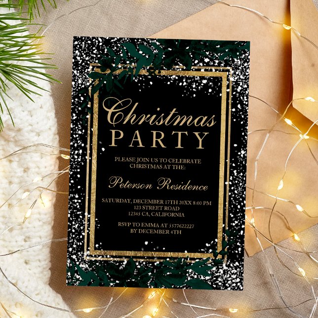 Invitation Chic or typographie feuille neige élégant Noël (Chic gold typography leaf snow elegant Christmas Invitation)