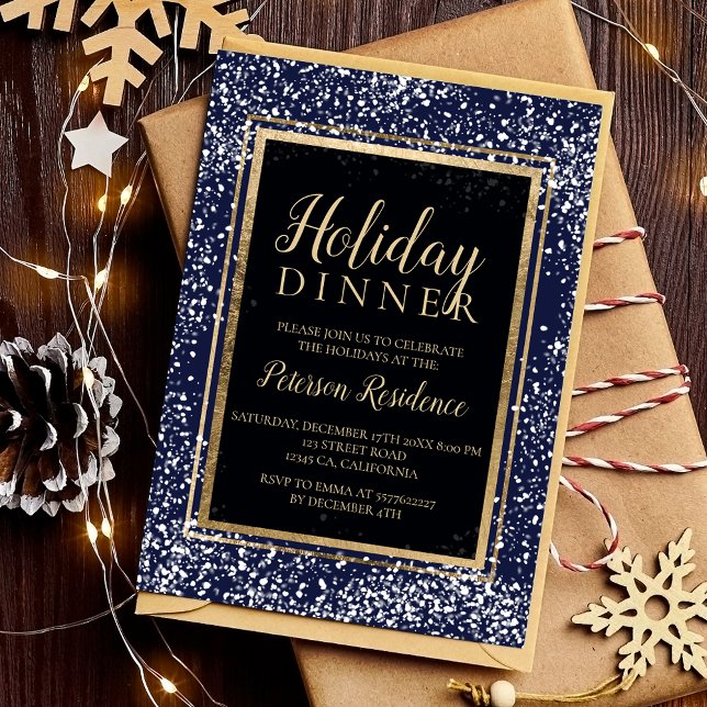 Invitation Chic or typographie neige fête de fête marine (Chic gold typography snow holiday party navy invitation)
