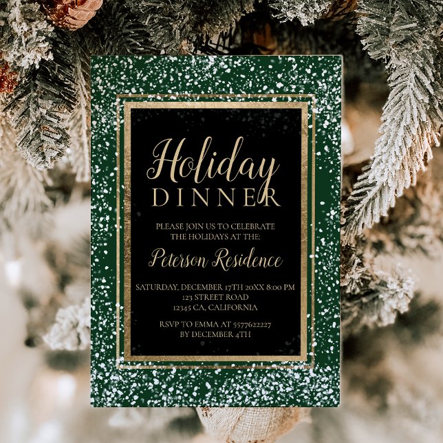 Invitation Chic or typographie neige fête de vacances vert (Chic gold typography snow holiday party green invitation)