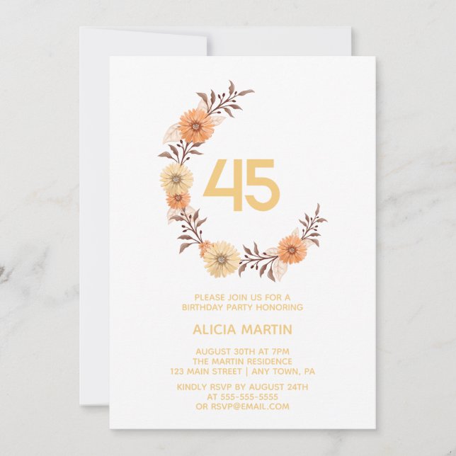 Invitation Chic Orange Fleur Botanique Or Blanc Anniversaire (Devant)
