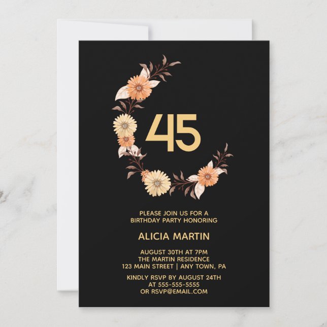 Invitation Chic Orange Fleur Botanique Or Noir Anniversaire (Devant)