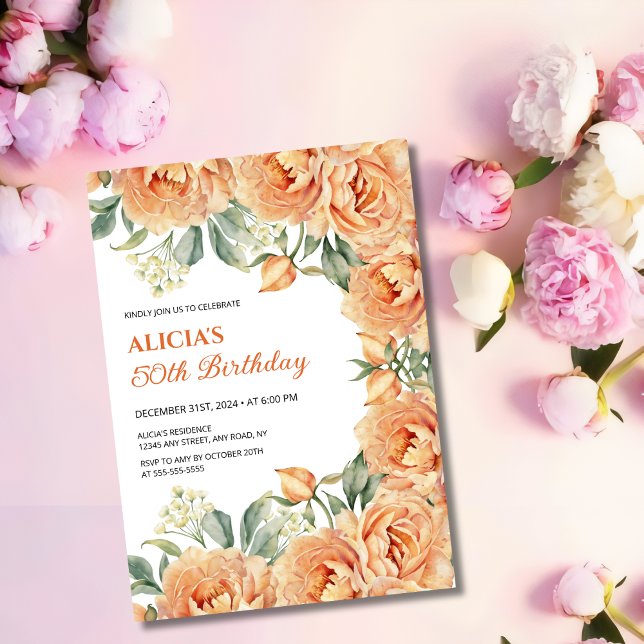 Invitation Chic Orange Peony Rustique Floral Verdure Annivers (Créateur téléchargé)