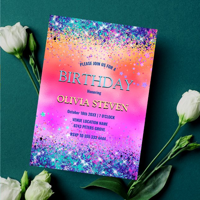 Invitation Chic orange rose irisé fausse parties scintillant  (Créateur téléchargé)