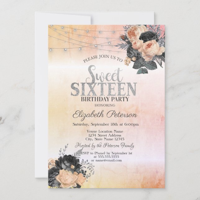 Invitation Chic orange Rose Lights Sweet 16 (Devant)