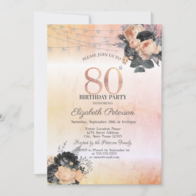 Invitation Chic Orange Rose String Lights 80e anniversaire (Devant)