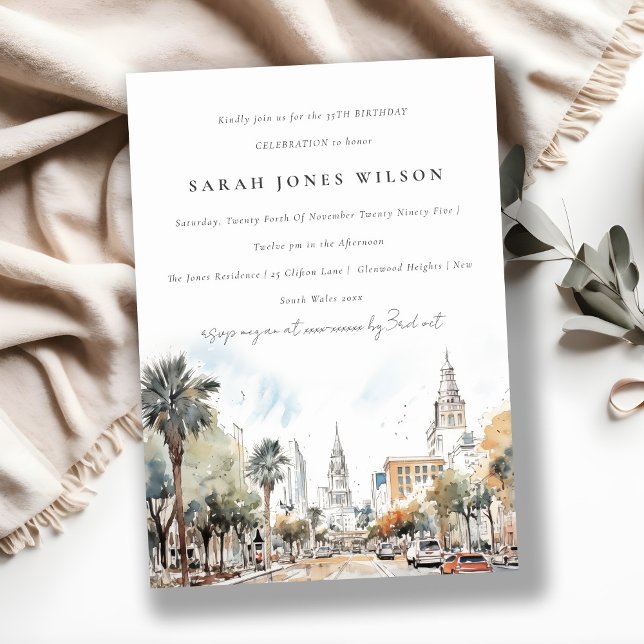 Invitation Chic Orlando Floride Skyline Aquarelle Anniversair (Créateur téléchargé)