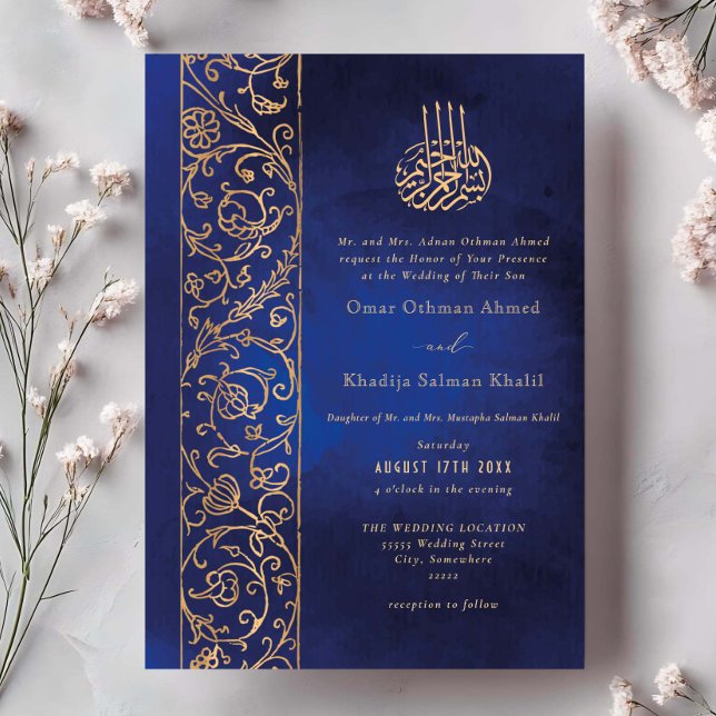Invitation Chic Ornate Floral Gold & Blue Islamic Wedding (Créateur téléchargé)
