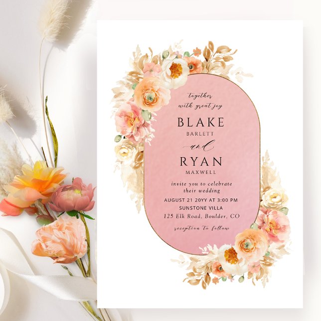 Invitation Chic Oval Peach Blush Coral rose et Mariage de crè (Créateur téléchargé)