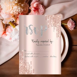 Invitation Chic Pailleté Rose Gold Gouttes Argent RSVP