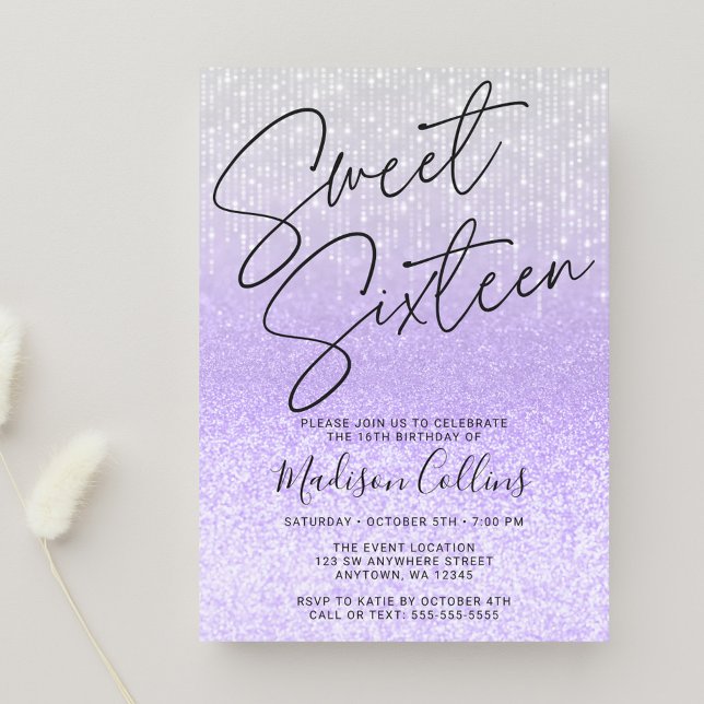 Invitation Chic Pailleté Violet Argent Sweet 16 (Créateur téléchargé)